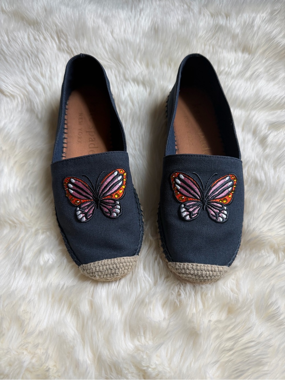 kate spade Black Canvas Espadrilles with Pink & Orange Butterfly Embroidery